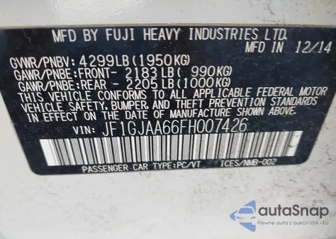 2015 Subaru Impreza 2.0I из США, поврежденный, VIN JF1GJAA66FH007426